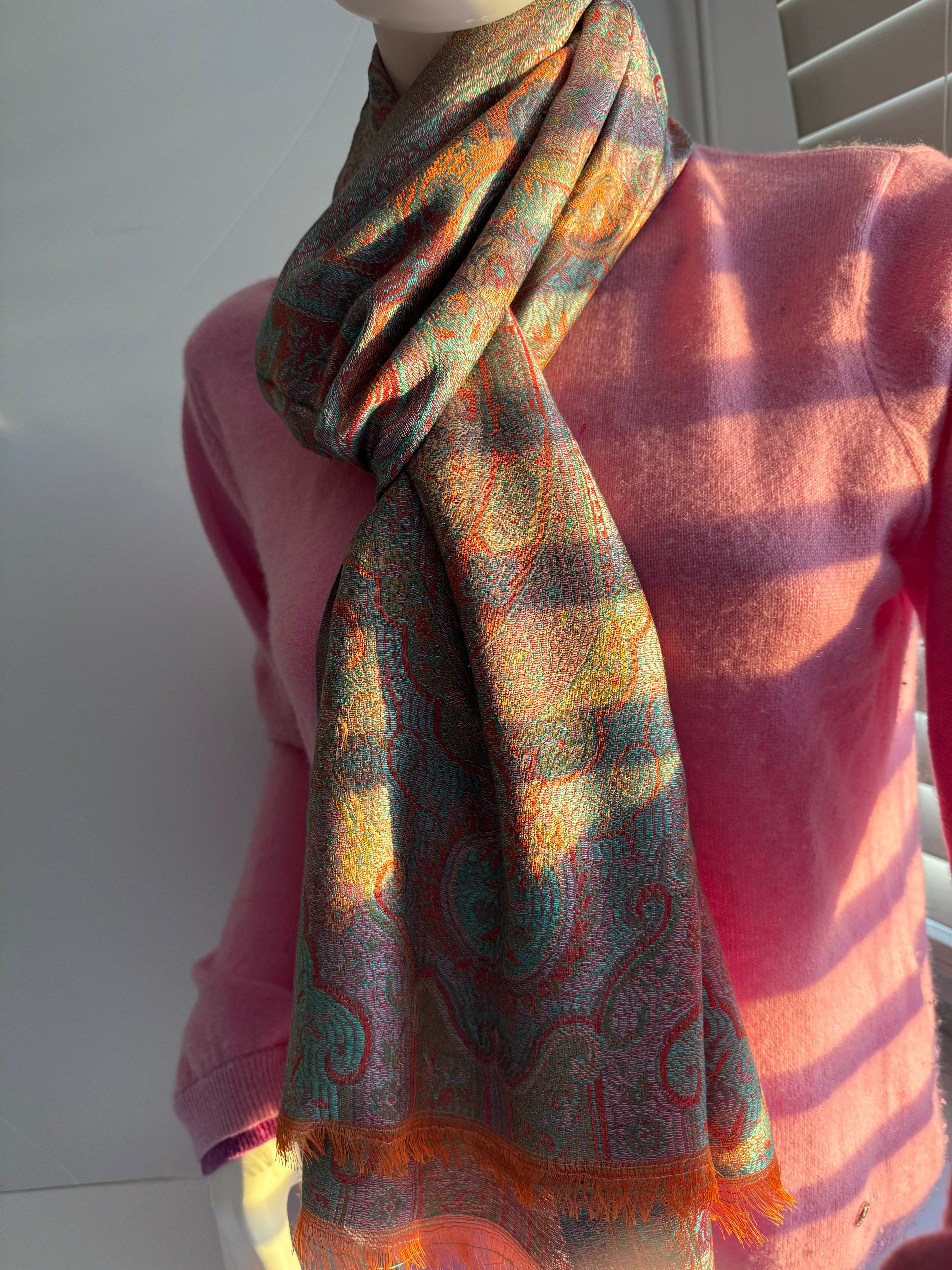 Handmade Silk/wool scarf-Light weight, soft, breathable, beautiful colors, two tone/reversible scarf.