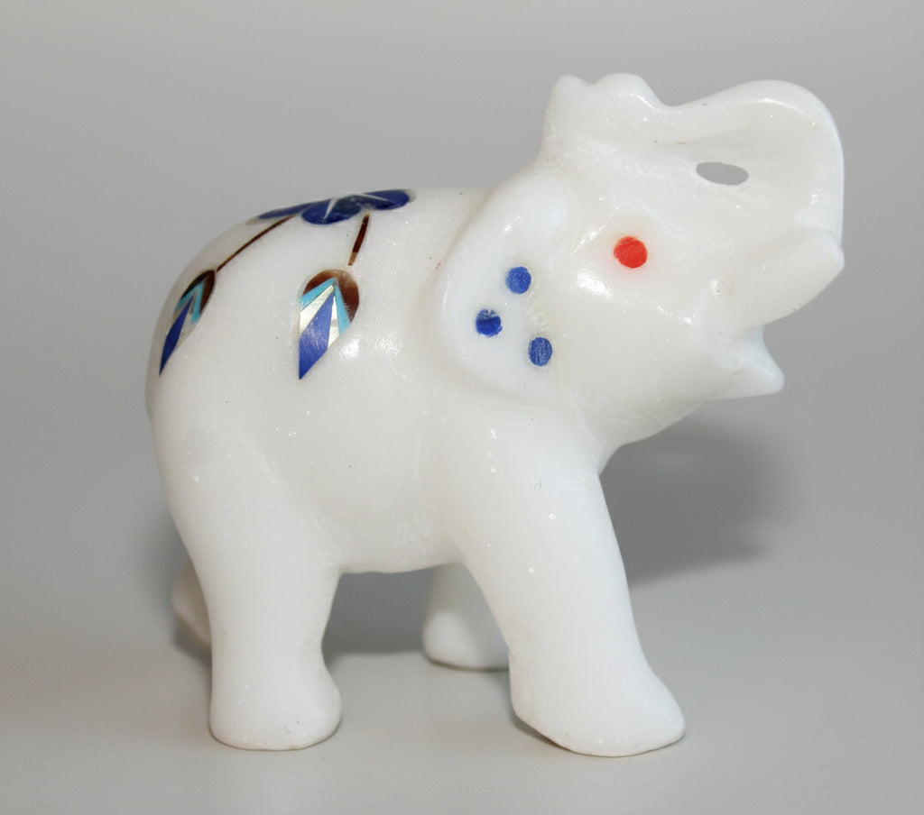 Handmade White Marble elephant inlaid with 58 Semi-precious stones 