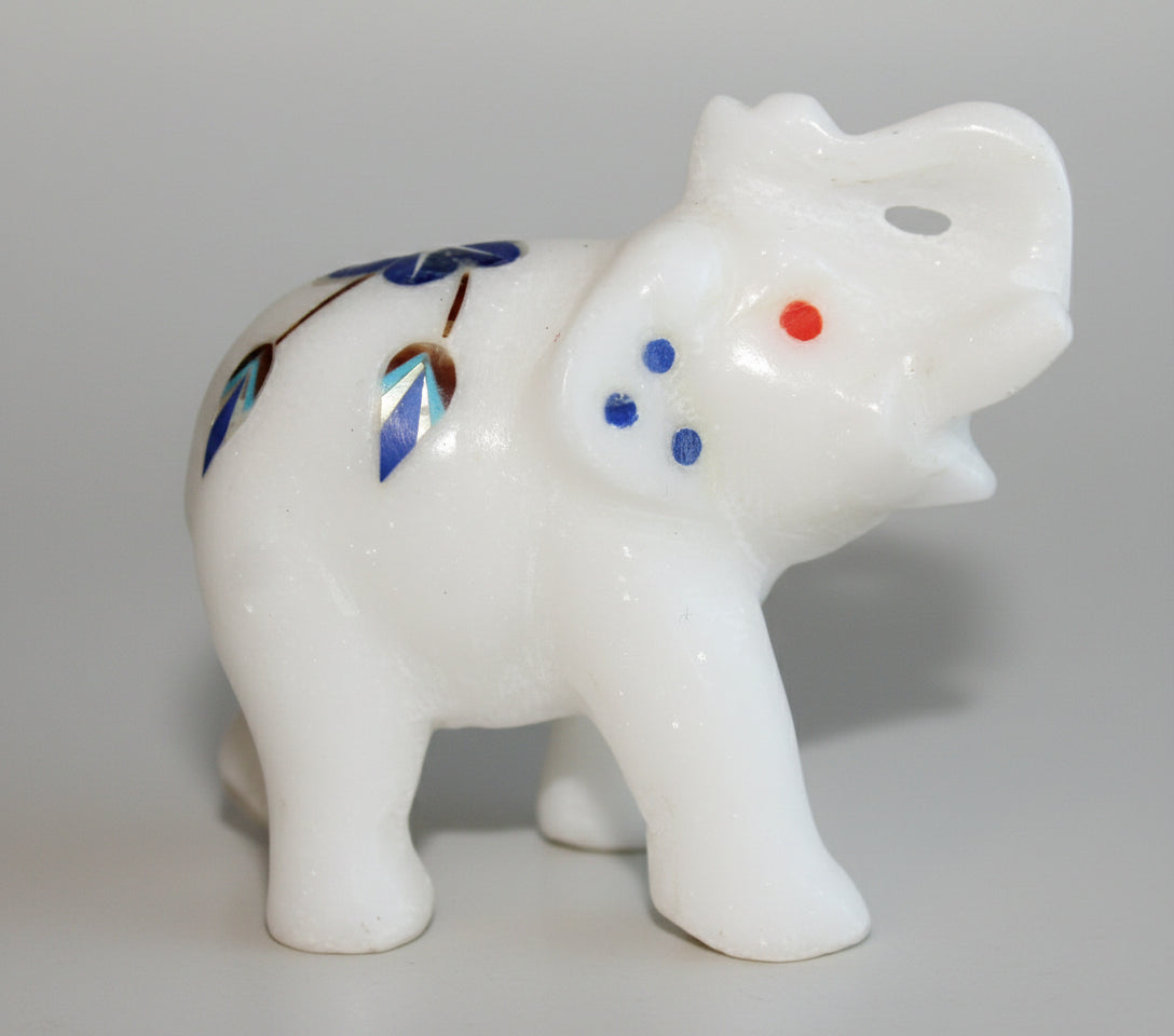 Handmade White Marble elephant inlaid with 58 Semi-precious stones 