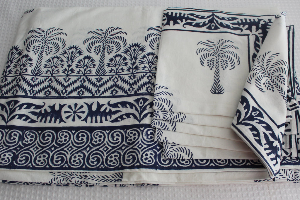 Tablecloth--Cotton, Hand block printed. Handmade by masters in the trade. washable, light Steel Blue & white Hand Block Printed Cotton dining Tablecloth
