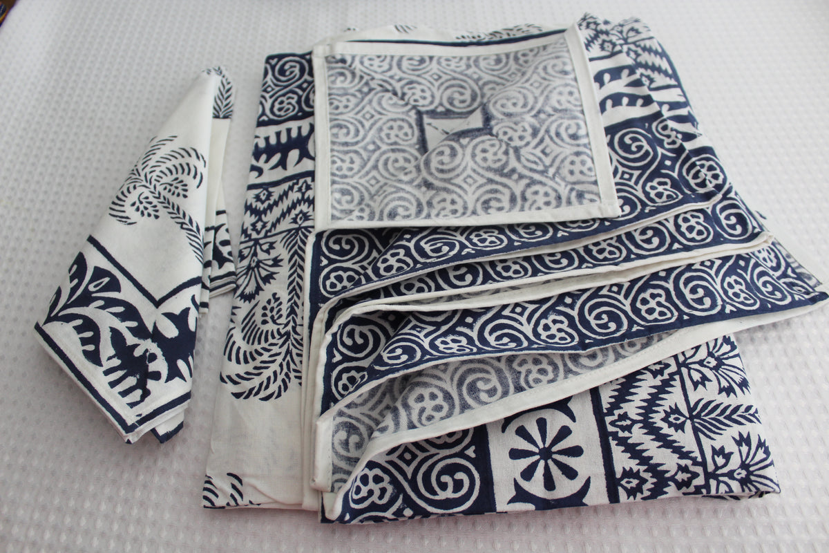 Tablecloth--Cotton, Hand block printed. Handmade by masters in the trade. washable, light Steel Blue & white Hand Block Printed Cotton dining Tablecloth