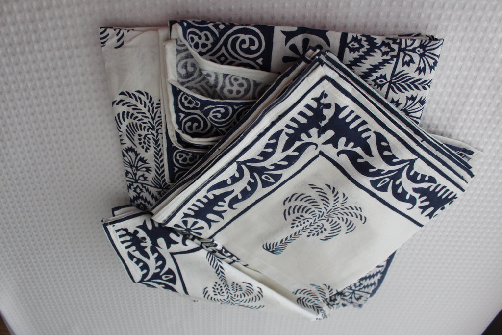 Tablecloth--Cotton, Hand block printed. Handmade by masters in the trade. washable, light Steel Blue & white Hand Block Printed Cotton dining Tablecloth